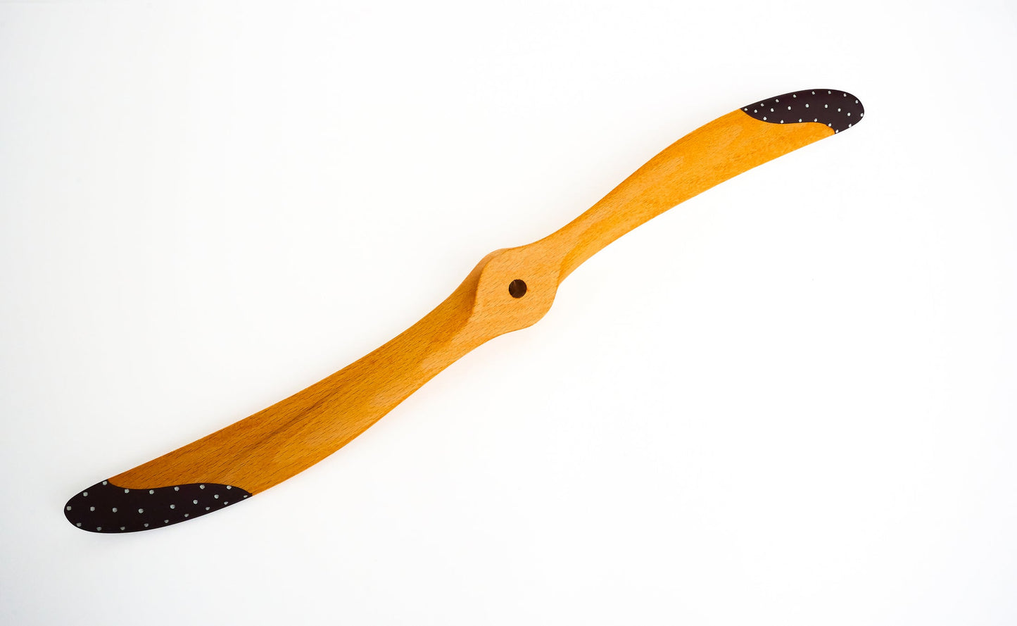 Painted beechwood propeller by Xoar, featuring a scimitar two-blade design for petrol RC aircraft engines